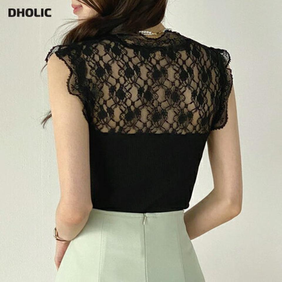 ショルダーレースリブノースリーブ・b00582 レディース 【tops】 韓国ファッション トップス ノースリーブ レース リブ ニット Vネック スリムフィット クロップド丈 インナー レイヤード 大人 上品 フェミニン カジュアル