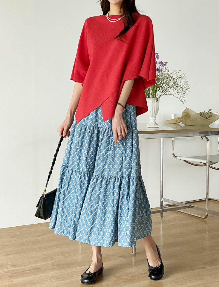 テンセル混クロスケープTシャツ・t00556 レディース 【tops】 韓国ファッション トップス Tシャツ テンセル 混紡 クロスラウンドネック 5分袖 ケープ アンバランス カラバリ 大人 モダン レトロ 無地 着回し カジュアル 春 カジュアル