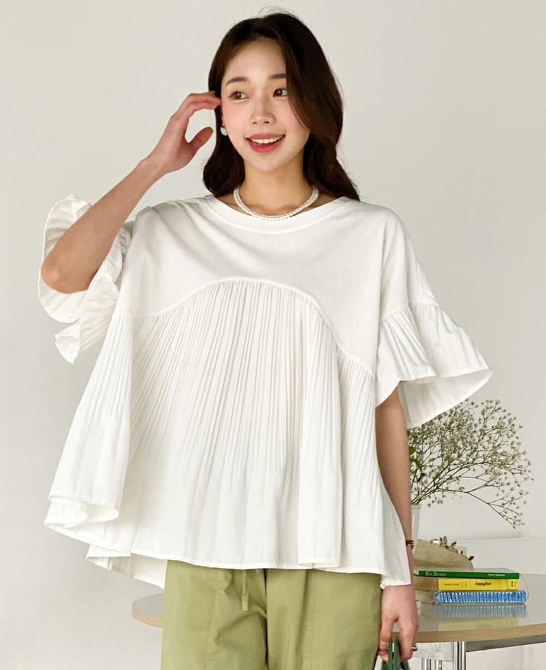 プリーツペプラムTシャツ・t00568 レディース 【tops】 韓国ファッション トップス Tシャツ プリーツ ペプラム デザイン ラウンドネック 5分袖 フレア Aライン ボリューム 体型カバー マタニティ 大人 上品 カジュアル