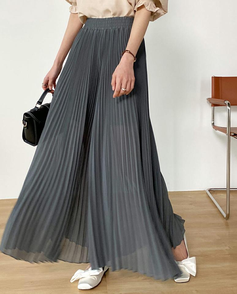シフォンプリーツフレアパンツ・b00553 レディース 【pt】 韓国ファッション ボトムス パンツ ロング丈 ハイウエスト プリーツ フレア Aライン シフォン シアー 薄手 裏地 無地 シンプル ベーシック 大人 デイリー 春 夏 カジュアル