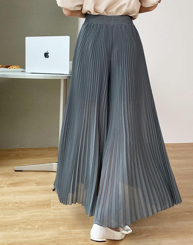 シフォンプリーツフレアパンツ・b00553 レディース 【pt】 韓国ファッション ボトムス パンツ ロング丈 ハイウエスト プリーツ フレア Aライン シフォン シアー 薄手 裏地 無地 シンプル ベーシック 大人 デイリー 春 夏 カジュアル