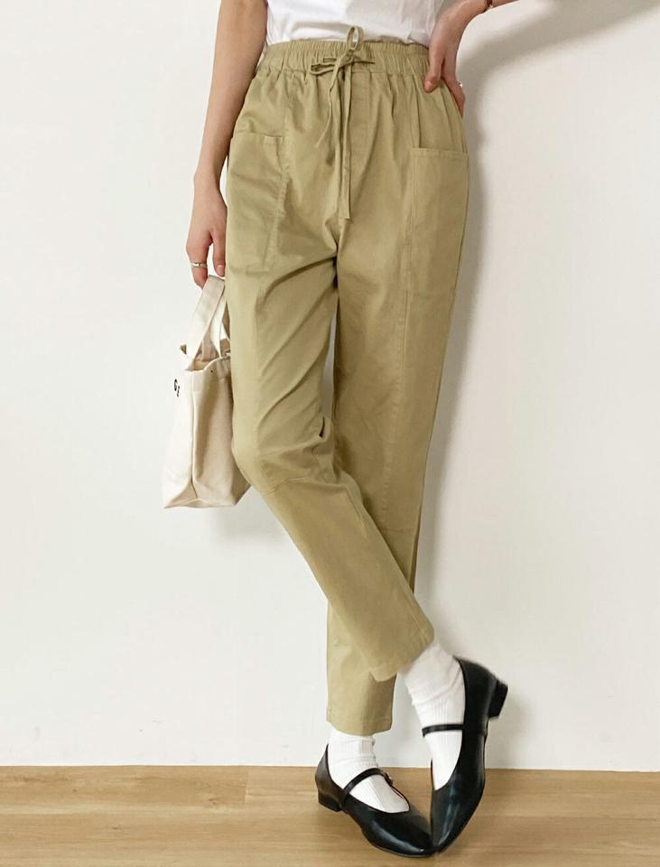 2TYPEドロストコットンパンツ・b00575 レディース 【pt】 韓国ファッション パンツ ボトムス ドローストリング コットン ハイウエスト ゴム テーパード ライン イージー カジュアル お出かけ 春 レジャー カジュアル