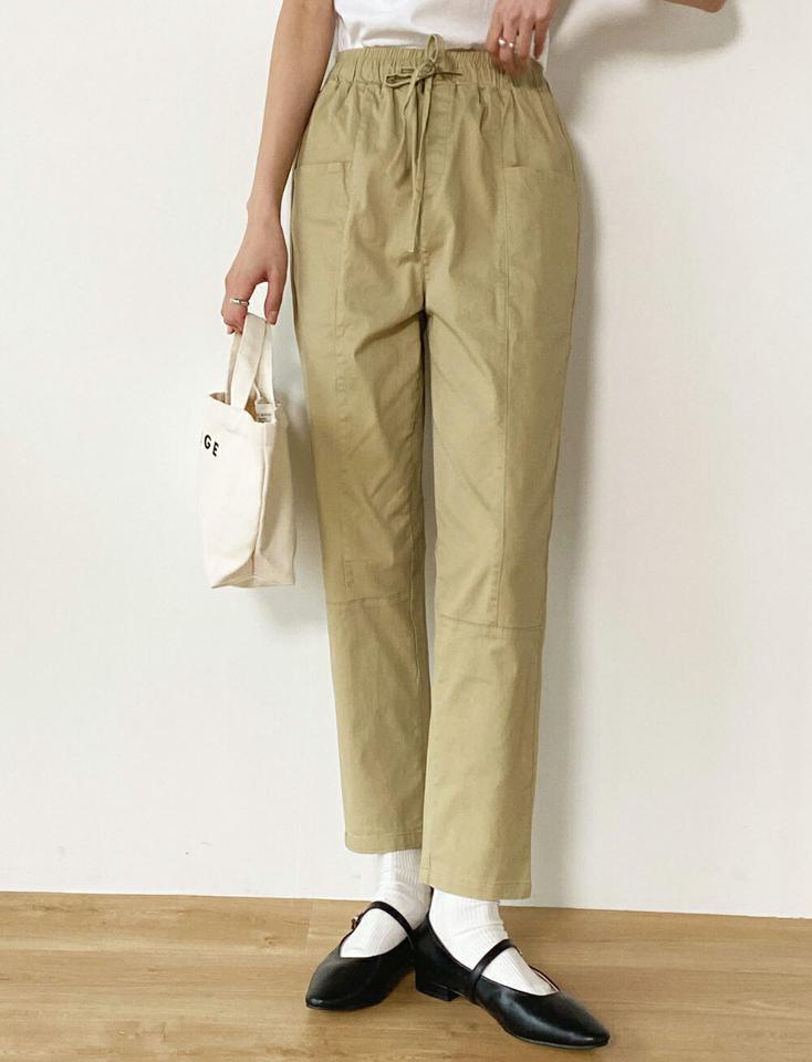 2TYPEドロストコットンパンツ・b00575 レディース 【pt】 韓国ファッション パンツ ボトムス ドローストリング コットン ハイウエスト ゴム テーパード ライン イージー カジュアル お出かけ 春 レジャー カジュアル