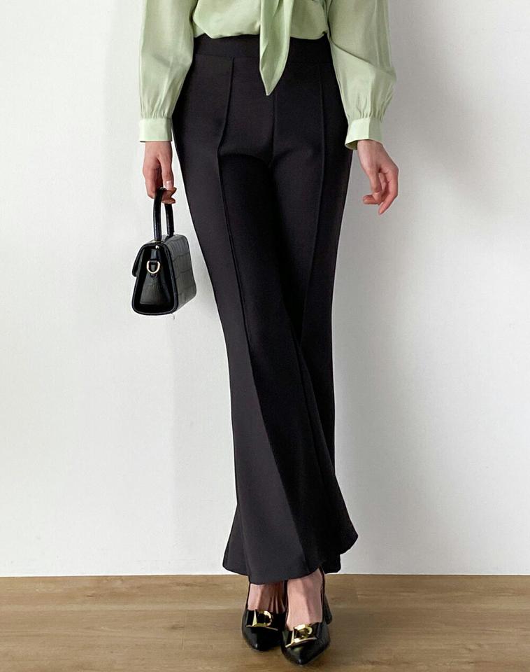 センタープレスフレアパンツ・t00612 レディース 【pt】 韓国ファッション ボトムス パンツ ロング丈 フルレングス ハイウエスト センタープレス フレアヘム ブーツカット スリムフィット 無地 オフィスカジュアル 大人 春 カジュアル