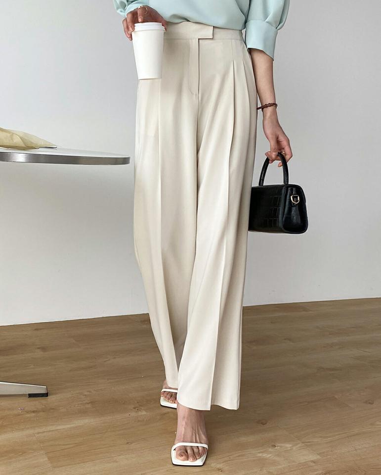 【10%OFF】ツータックイージーワイドスラックス・t00563 レディース 【pt】 韓国ファッション ボトムス パンツ スラックス ロング丈 フルレングス ハイウエスト ツータック イージー ウエストゴム ワイド 無地 オフィスカジュアル 大人 春 カジュアル kw