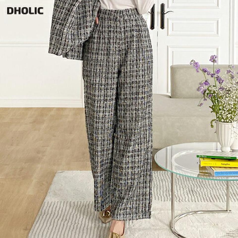 ツイードスラックス・t00608 レディース 【pt】 韓国ファッション ボトムス パンツ スラックス ロング丈 ハイウエスト ツイード ワイド ストレート ポケット ゆったり 大人 上品 お出かけ モード 春 夏 カジュアル