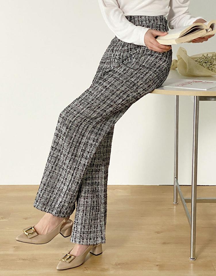 ツイードスラックス・t00608 レディース 【pt】 韓国ファッション ボトムス パンツ スラックス ロング丈 ハイウエスト ツイード ワイド ストレート ポケット ゆったり 大人 上品 お出かけ モード 春 夏 カジュアル