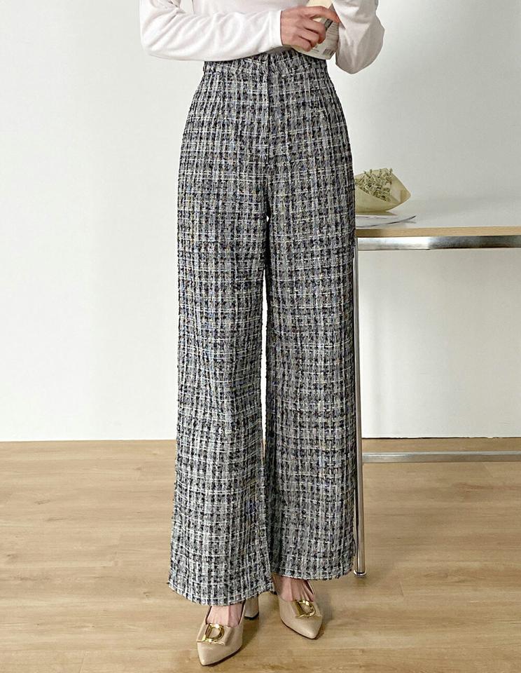 ツイードスラックス・t00608 レディース 【pt】 韓国ファッション ボトムス パンツ スラックス ロング丈 ハイウエスト ツイード ワイド ストレート ポケット ゆったり 大人 上品 お出かけ モード 春 夏 カジュアル