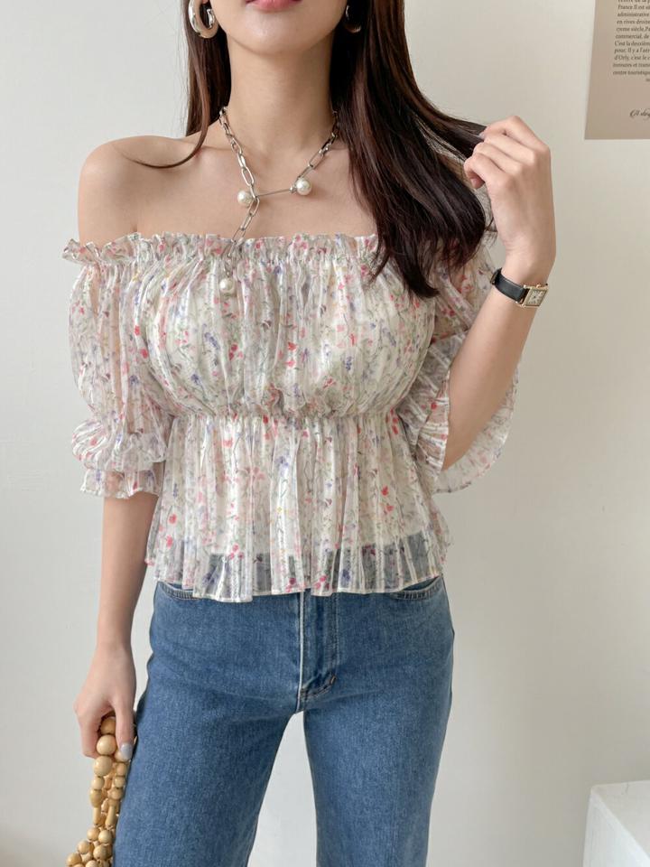 2WAYシアー花柄ブラウス・p003936 レディース 【bl】ブラウス トップス 七分袖 7分袖 柄 模様 花柄 総柄 オフショルダー 肩出し セクシー 2WAY 鎖骨 デコルテ シアー 透け感 シースルー 春 夏 かわいい 可愛い キュート 韓国ファッション MKT