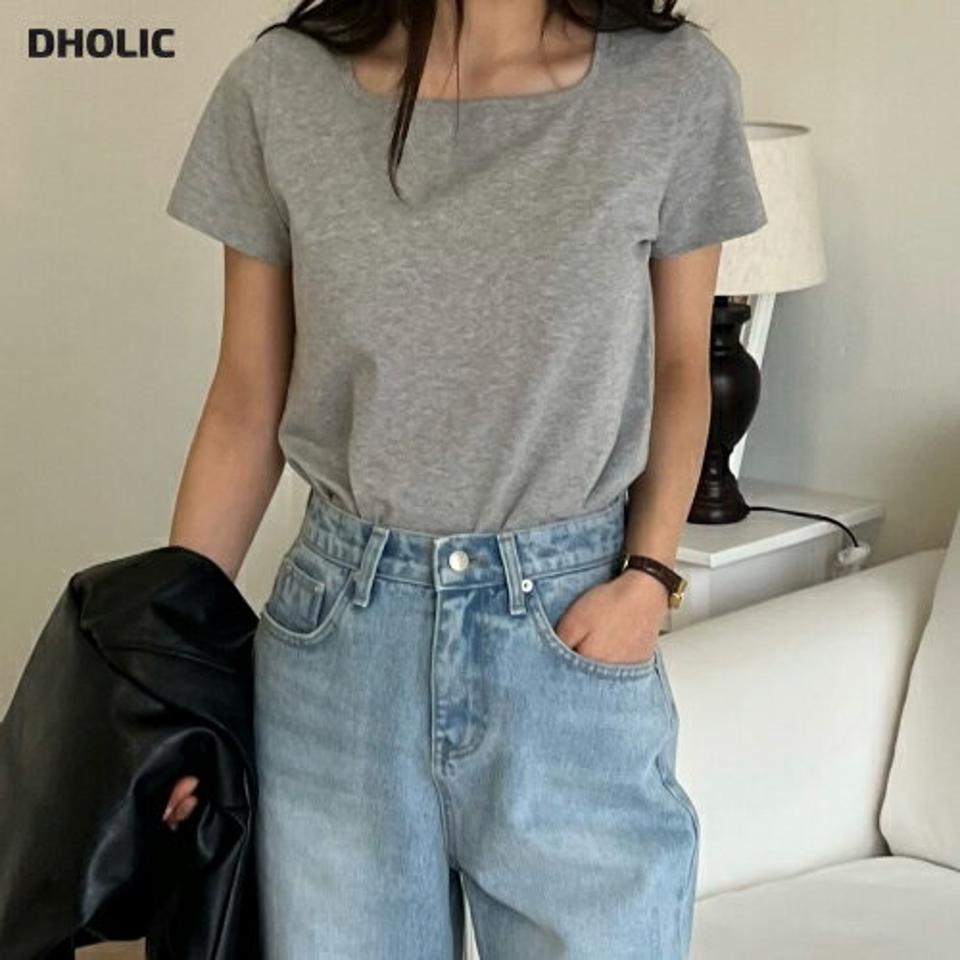 スクエアネック半袖Tシャツ・p003829 レディース 【tops】トップス Tシャツ 半袖 単色 無地 シンプル ベーシック スクエアネック 鎖骨 デコルテ メランジ カジュアル ラフ デイリー 韓国ファッション MKT