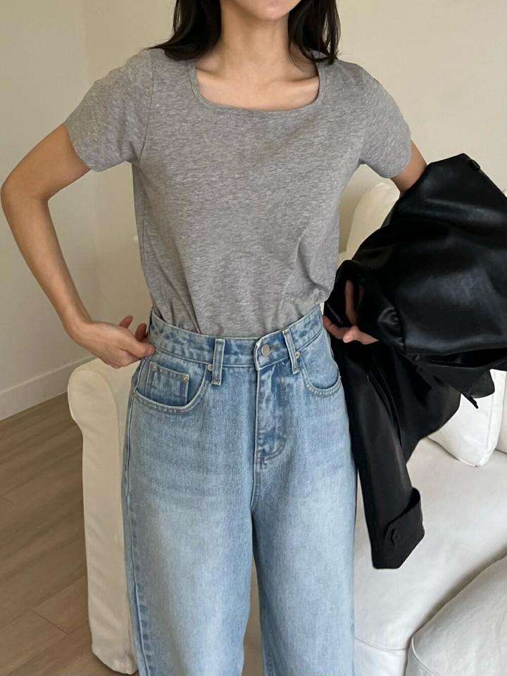 スクエアネック半袖Tシャツ・p003829 レディース 【tops】トップス Tシャツ 半袖 単色 無地 シンプル ベーシック スクエアネック 鎖骨 デコルテ メランジ カジュアル ラフ デイリー 韓国ファッション MKT