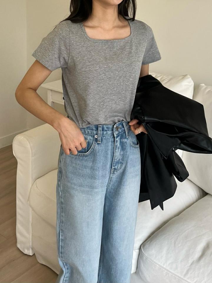 スクエアネック半袖Tシャツ・p003829 レディース 【tops】トップス Tシャツ 半袖 単色 無地 シンプル ベーシック スクエアネック 鎖骨 デコルテ メランジ カジュアル ラフ デイリー 韓国ファッション MKT