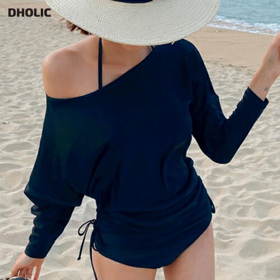 2WAYサイドストリングラッシュガードTシャツ・p003455 レディース 【bw】ビーチウェア 水着 単品 1点 ラッシュガード ストリング ワンショルダー 単色 無地 シンプル 長袖 ボートネック 春 夏 海 海水浴 プール ビーチ 韓国ファッション MKT
