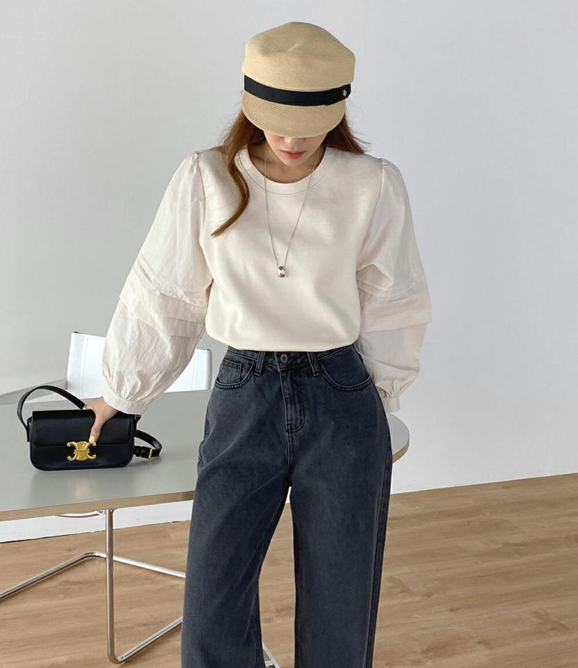 マルチタックパフブラウス・b00570 レディース 【bl】 韓国ファッション トップス ブラウス ラウンドネック 長袖 マルチタック パフスリーブ ボリューム ルーズフィット ゆったり 無地 大人 お出かけ キュート 春 夏 カジュアル