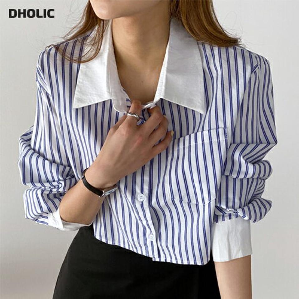 2TYPEポケットクロップドシャツ・t00579 レディース 【bl】 韓国ファッション トップス シャツ カラーネック 長袖 クロップド ワンポケット 2TYPE ストライプ 無地 ビックシルエット 大人 デイリー お出かけ シンプル 春 カジュアル
