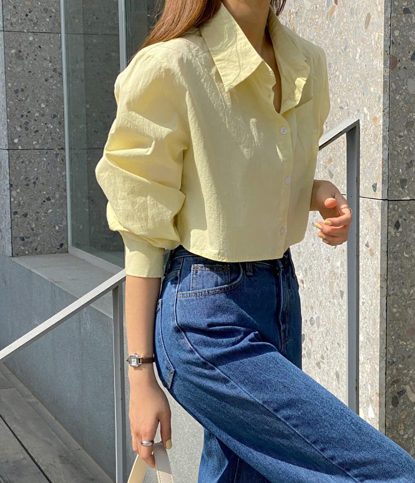 2TYPEポケットクロップドシャツ・t00579 レディース 【bl】 韓国ファッション トップス シャツ カラーネック 長袖 クロップド ワンポケット 2TYPE ストライプ 無地 ビックシルエット 大人 デイリー お出かけ シンプル 春 カジュアル