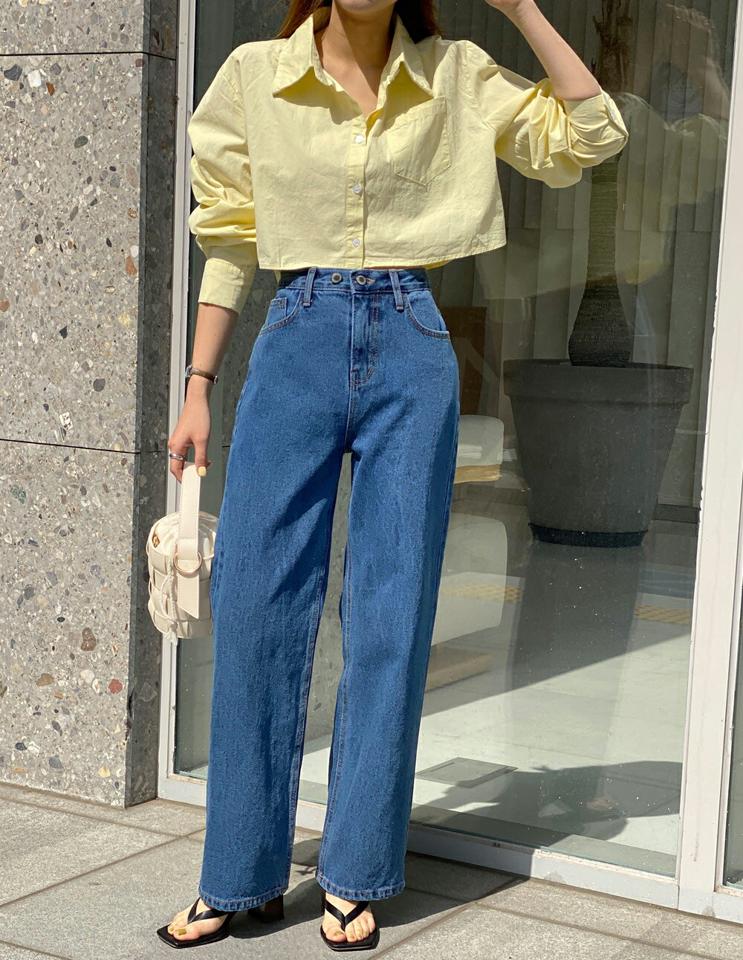 2TYPEポケットクロップドシャツ・t00579 レディース 【bl】 韓国ファッション トップス シャツ カラーネック 長袖 クロップド ワンポケット 2TYPE ストライプ 無地 ビックシルエット 大人 デイリー お出かけ シンプル 春 カジュアル