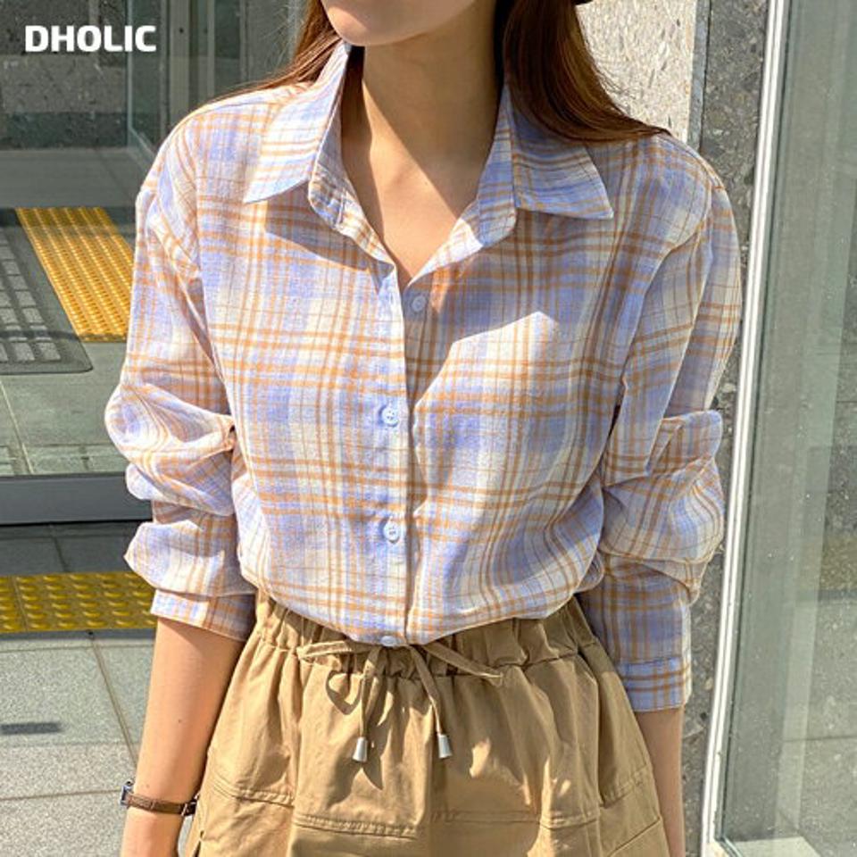 シアーチェックシャツ・t00580 レディース 【bl】 韓国ファッション トップス シャツ カラーネック 長袖 股丈 チェック柄 シアー 透け感 ルーズフィット ゆったり コットン混 大人カジュアル デイリー レトロ 春 夏 カジュアル