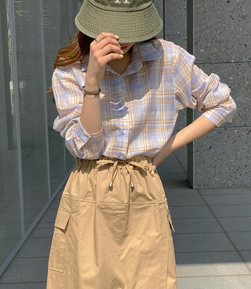 シアーチェックシャツ・t00580 レディース 【bl】 韓国ファッション トップス シャツ カラーネック 長袖 股丈 チェック柄 シアー 透け感 ルーズフィット ゆったり コットン混 大人カジュアル デイリー レトロ 春 夏 カジュアル