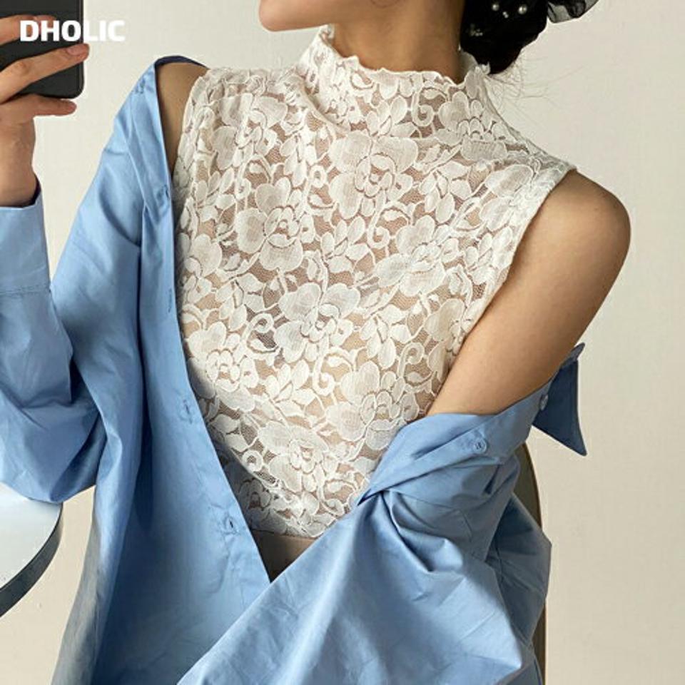 レースハーフネックノースリーブ・b00390 レディース 【tops】 韓国ファッション トップス ハーフネック ノースリーブ クロップド レース 花柄 フラワー スリムフィット タイト 細身 シアー 透け感 大人カジュアル セクシー 春 夏 カジュアル