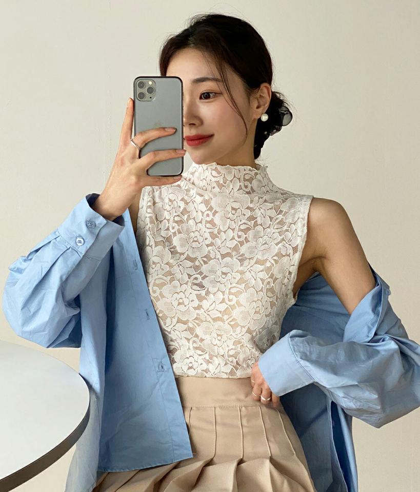 レースハーフネックノースリーブ・b00390 レディース 【tops】 韓国ファッション トップス ハーフネック ノースリーブ クロップド レース 花柄 フラワー スリムフィット タイト 細身 シアー 透け感 大人カジュアル セクシー 春 夏 カジュアル