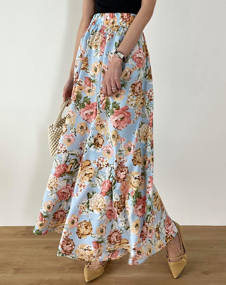 花柄イージーフレアパンツ・b00381 レディース 【pt】 韓国ファッション ボトムス パンツ ロング丈 ハイウエスト イージー ウエストゴム 花柄 フラワー カラフル フレア ワイド 大人カジュアル お出かけ デイリー 春 夏 カジュアル