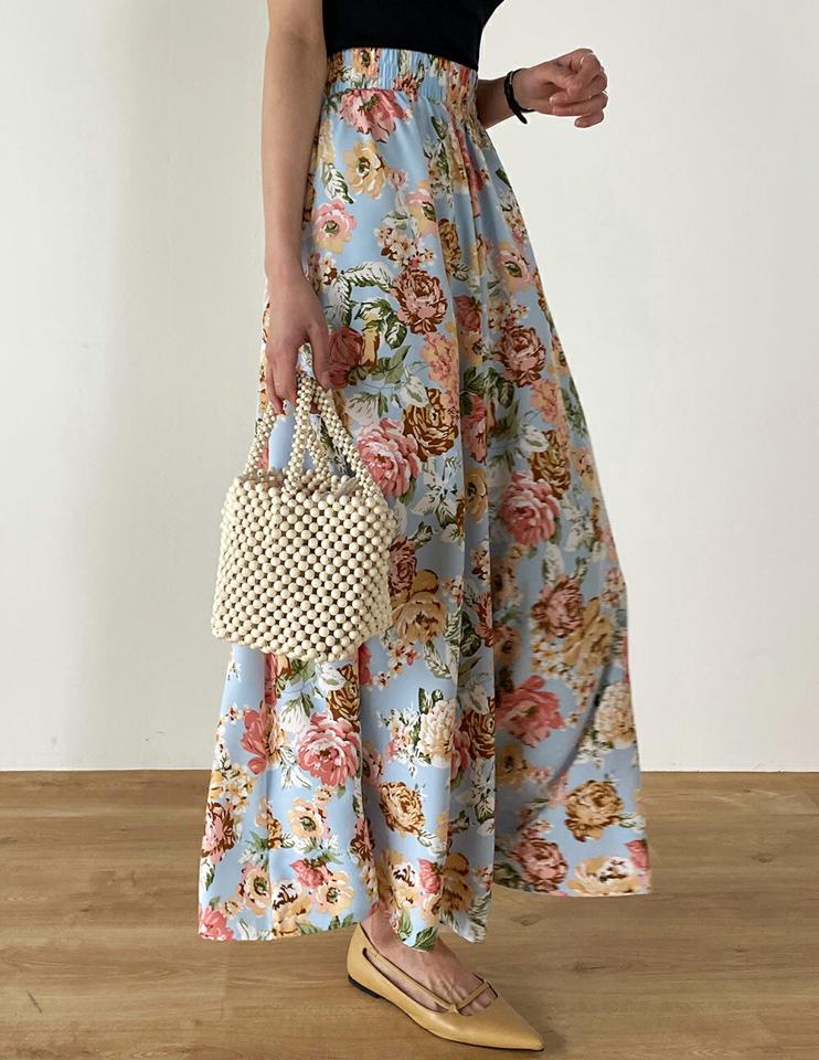 花柄イージーフレアパンツ・b00381 レディース 【pt】 韓国ファッション ボトムス パンツ ロング丈 ハイウエスト イージー ウエストゴム 花柄 フラワー カラフル フレア ワイド 大人カジュアル お出かけ デイリー 春 夏 カジュアル