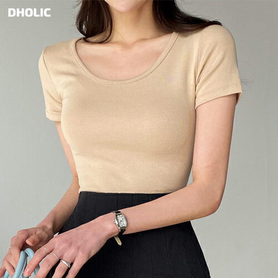 モダール混Uネック半袖Tシャツ・t00370 レディース 【tops】 韓国ファッション トップス Tシャツ Uネック 半袖 クロップド モーダル混 ショート スリムフィット タイト 細身 無地 カラバリ シンプル ベーシック デイリー 春 夏 カジュアル