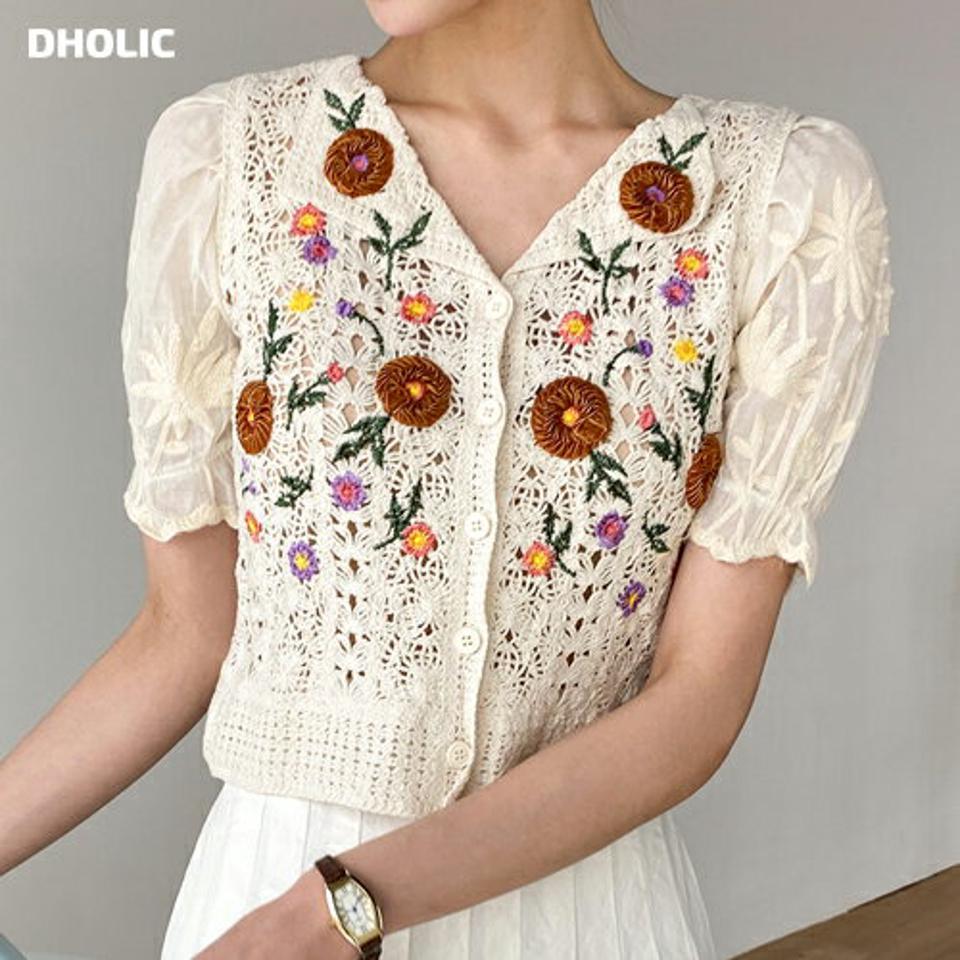 花柄刺繍クロシェカーディガン・t00359 レディース 【cd】 韓国ファッション カーディガン Vネック 半袖 パフスリーブ クロップド クロシェ 花柄刺? 刺? フラワー 花柄 スリムフィット 細身 キュート ガーリー デイリー お出かけ 春 夏 カジュアル