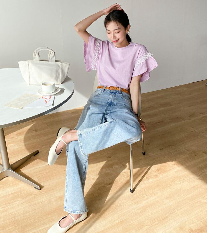 レースフレアスリーブTシャツ・t00349 レディース 【tops】 韓国ファッション トップス Tシャツ ラウンドネック 半袖 フレアスリーブ レース クロップド ボリューム 無地 ナチュラルライン 大人 ガーリー キュート 春 夏 カジュアル