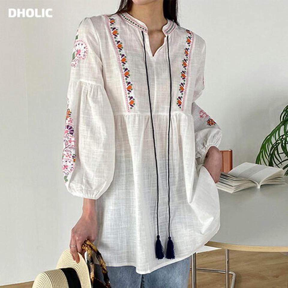 エスニック刺繍チュニックブラウス・b00398 レディース 【bl】 韓国ファッション トップス ブラウス チュニック スリットネック 長袖 9分袖 ロング丈 エスニック刺? ルーズフィット ゆったり シアー 透け感 キュート 大人 春 夏 カジュアル