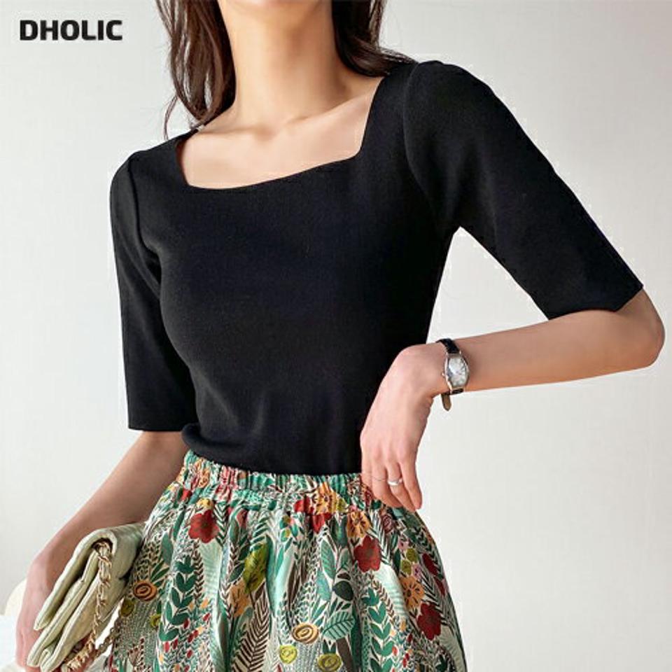 スクエアクロップド半袖ニット・t00344 レディース 【tops】 韓国ファッション トップス ニット スクエアネック 半袖 6分袖 クロップド ショート ナチュラルライン レーヨン混 ナイロン混 無地 シンプル ベーシック 大人 モード 春 夏 カジュアル