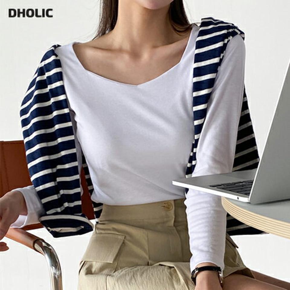 ダイアネック長袖Tシャツ・t00343 レディース 【tops】 韓国ファッション トップス Tシャツ ダイアネック 長袖 クロップド ショート レーヨン混 スリムフィット 細身 無地 シンプル ベーシック デイリー 大人カジュアル 春 夏 カジュアル