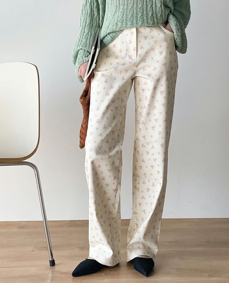 コットン花柄ワイドパンツ・t72067 レディース 【pt】 韓国ファッション ボトムス パンツ ロング丈 フルレングス ハイウエスト 花柄 フラワー コットン 綿100 ワイド ストレート 大人カジュアル レトロ ガーリー 春 夏 カジュアル