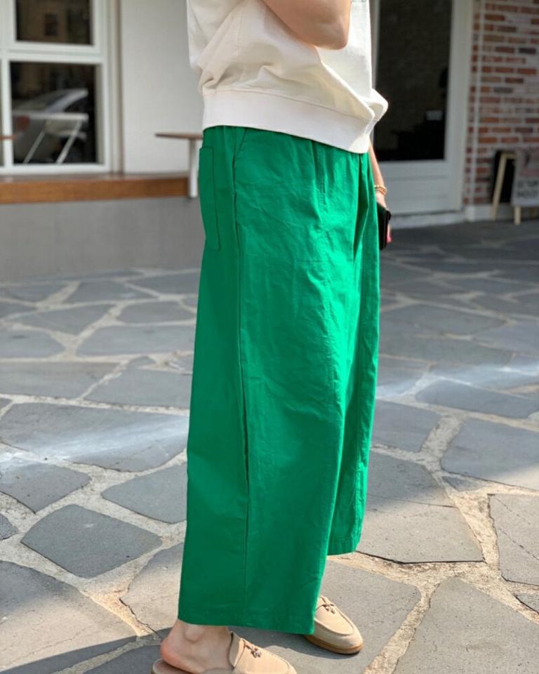 イージークロップドコットンパンツ・p003993 レディース 【pt】パンツ ロング丈 単色 無地 シンプル ベーシック ワイド イージー クロップド コットン 綿 ビビッドカラー ウエストゴム 春 夏 秋 冬 カジュアル ラフ 韓国ファッション MKT