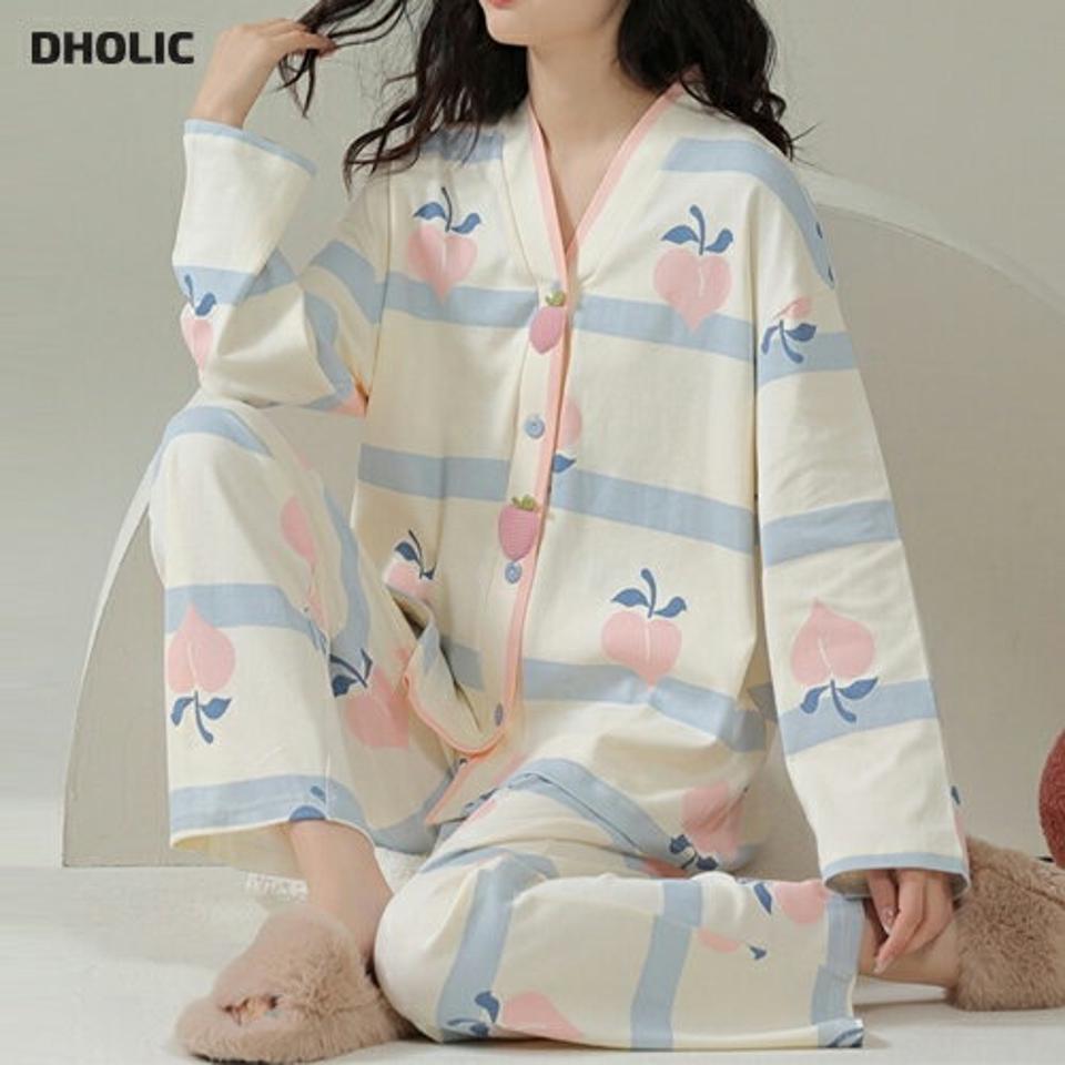 ピーチボーダーパジャマSET・p003964 レディース 【uw】2点 セット パジャマ 部屋着 ルームウェア トップス 長袖 柄 模様 ボーダー パンツ ロング丈 Vネック 秋 冬 カジュアル かわいい 可愛い キュート ラブリー パステル 韓国ファッション MKT