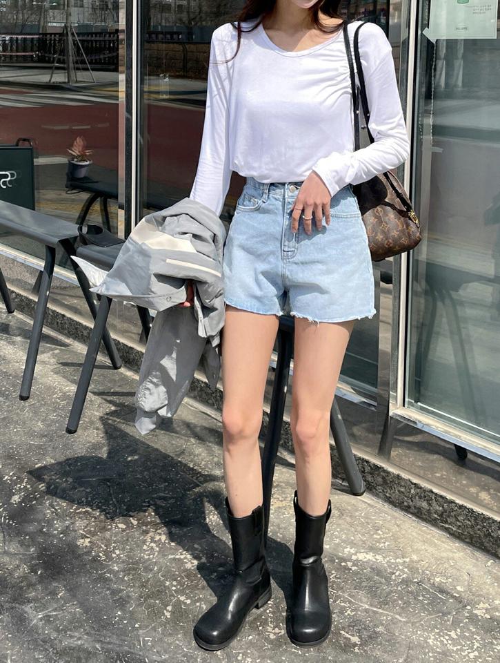 カットオフデニムショートパンツ・t00932 レディース 【pt】 韓国ファッション パンツ カットオフ デニム ショート丈 コットン ステッチ ハイウエスト シンプル 無地 着回し デイリー 定番 春 夏 カジュアル