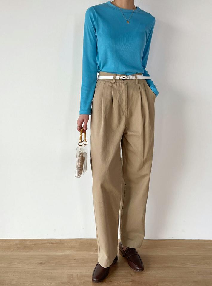 コットンタックワイドパンツ・t00936 レディース 【pt】 韓国ファッション ボトムス パンツ ロング丈 9分丈 ハイウエスト タック コットン 綿100 ワイド ストレート 無地 シンプル パステル デイリー 大人カジュアル 春 夏 カジュアル