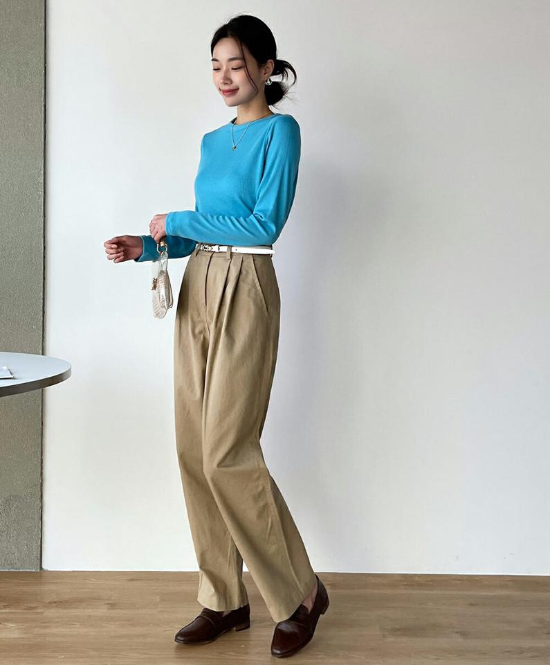 コットンタックワイドパンツ・t00936 レディース 【pt】 韓国ファッション ボトムス パンツ ロング丈 9分丈 ハイウエスト タック コットン 綿100 ワイド ストレート 無地 シンプル パステル デイリー 大人カジュアル 春 夏 カジュアル