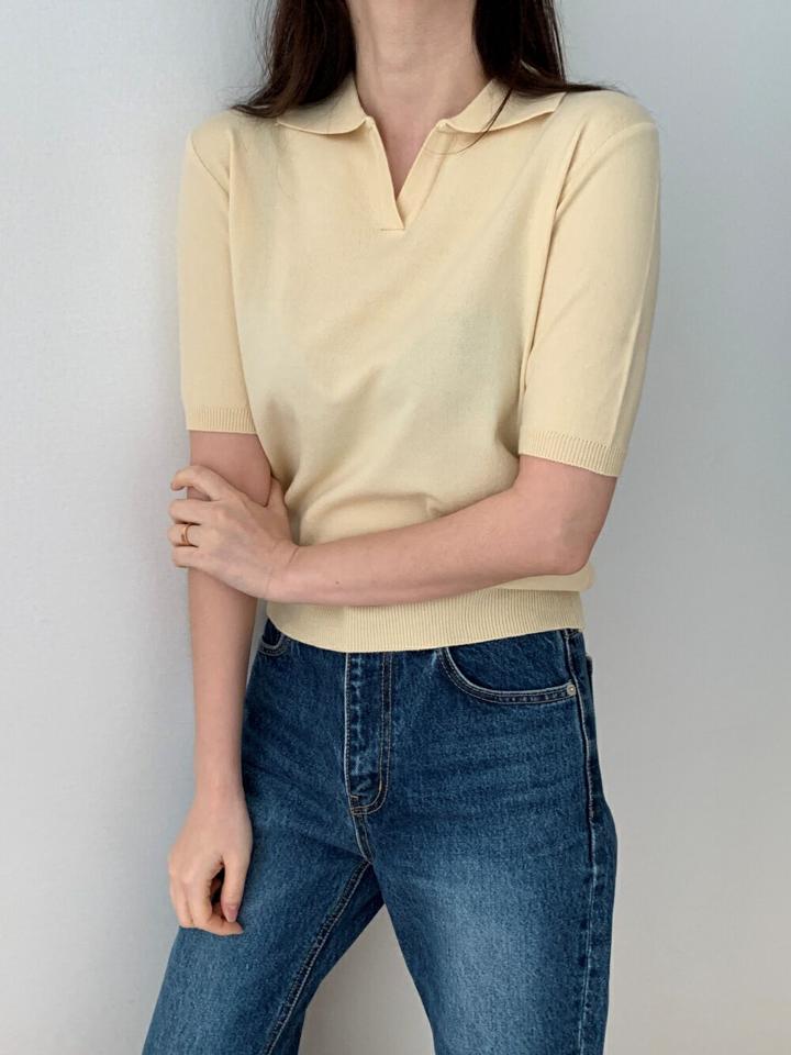 スキッパーリブヘム半袖ニット・p003709 レディース 【tops】トップス ニット 半袖 単色 無地 シンプル ベーシック スキッパー 襟 えり ポロ襟 リブ パステル 春 夏 カジュアル ラフ サマーニット 韓国ファッション MKT