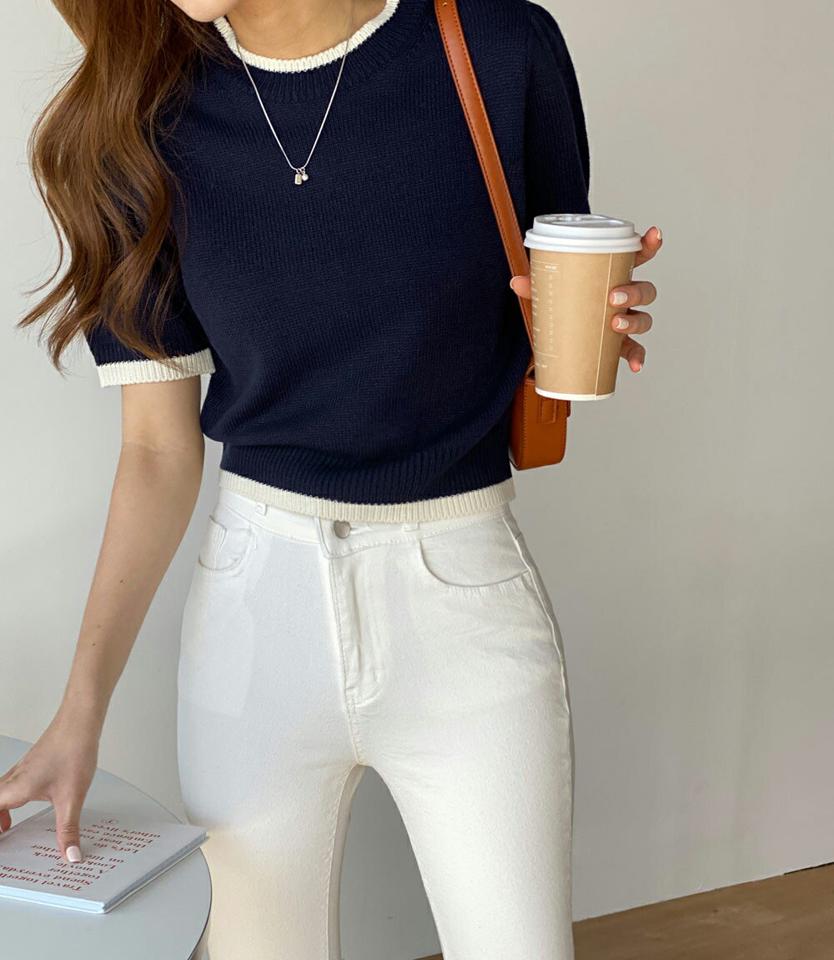 配色ラウンド半袖ニット・t00417 レディース 【tops】 韓国ファッション トップス ニット ラウンドネック 半袖 配色 クロップド ショート丈 リブヘム ルーズ ゆったり アクリル 無地 シンプル ベーシック デイリー 春 夏 カジュアル