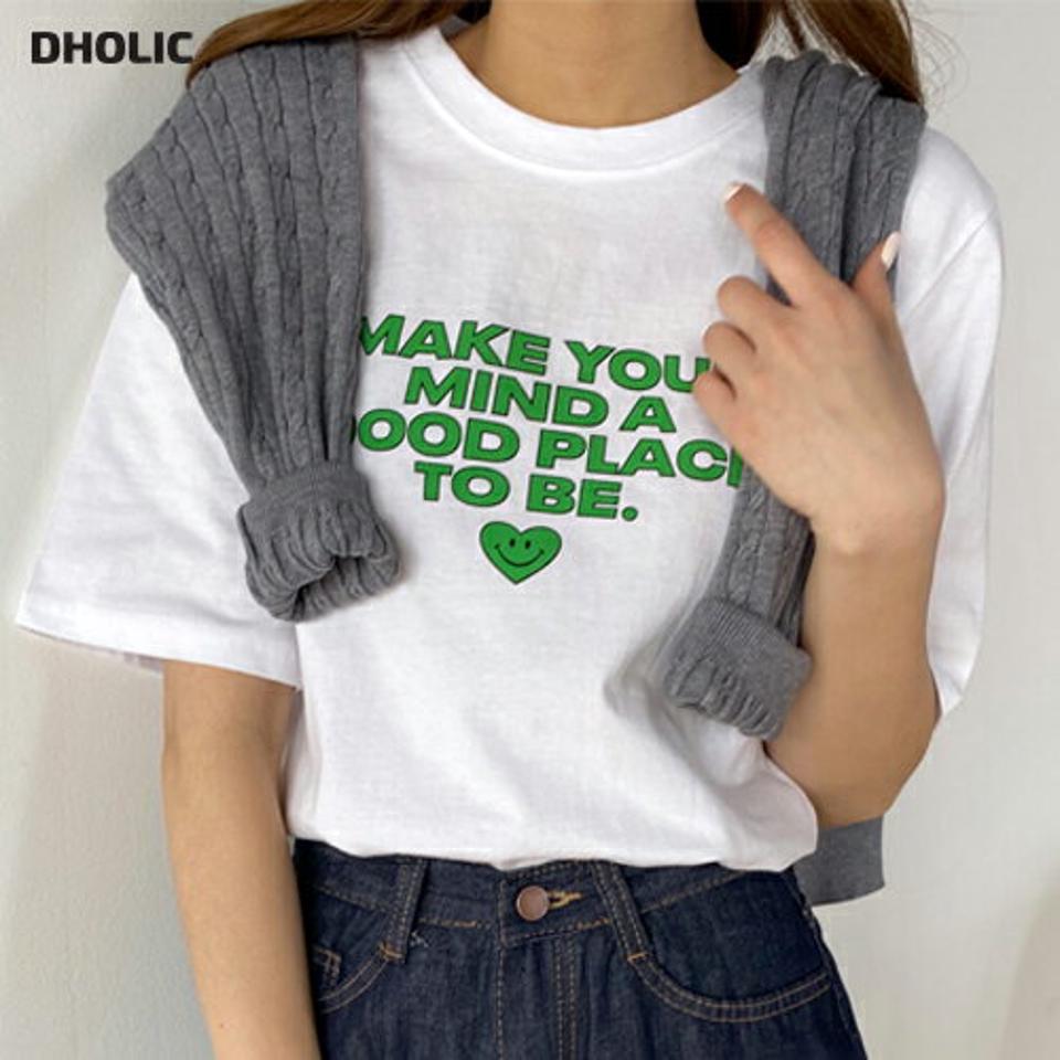 ハートスマイルラウンド半袖Tシャツ・t00404 レディース 【tops】 韓国ファッション トップス Tシャツ ラウンドネック 半袖 ハートスマイル レタリング 英字 コットン 綿100 ゆったり シンプル 大人カジュアル デイリー 春 夏 カジュアル