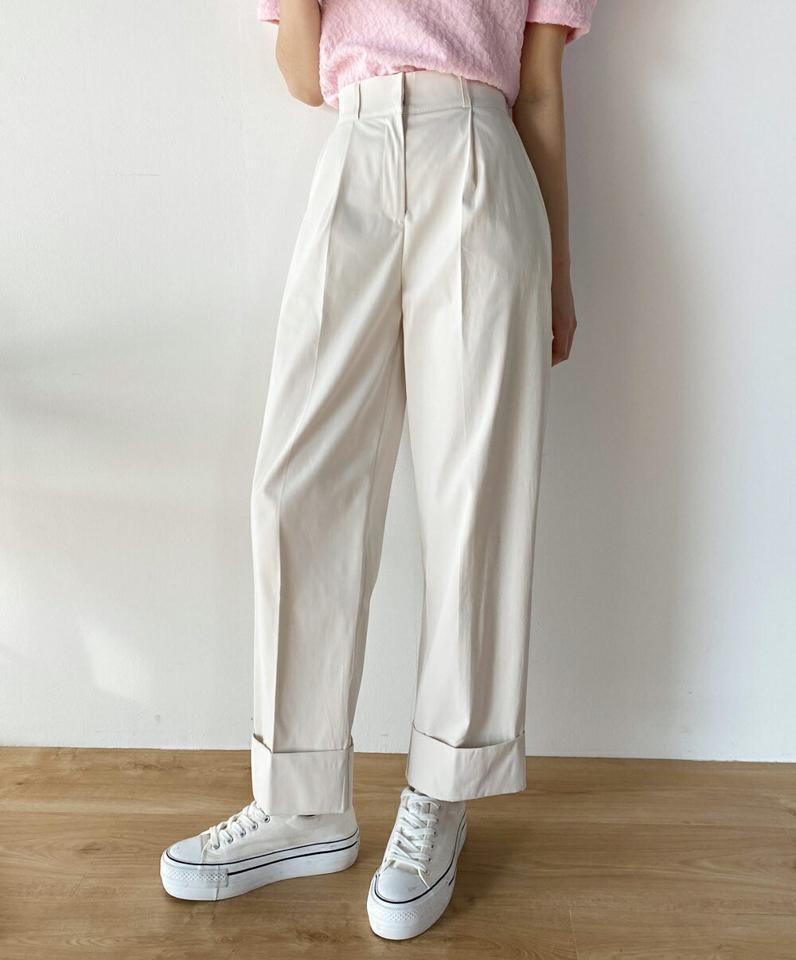 ロールアップワイドタックパンツ・t00442 レディース 【pt】 韓国ファッション ボトムス パンツ ロング丈 フルレングス ロールアップ ハイウエスト タック ワイド ルーズ コットン混 無地 シンプル 大人 モード デイリー 春 夏 カジュアル