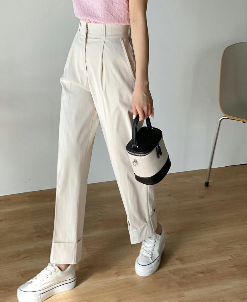 ロールアップワイドタックパンツ・t00442 レディース 【pt】 韓国ファッション ボトムス パンツ ロング丈 フルレングス ロールアップ ハイウエスト タック ワイド ルーズ コットン混 無地 シンプル 大人 モード デイリー 春 夏 カジュアル