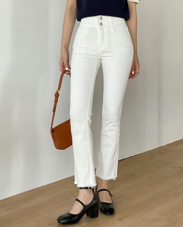 イージーツーボタンフレアパンツ・t00443 レディース 【pt】 韓国ファッション ボトムス パンツ ロング丈 9分丈 ハイウエスト イージー ツーボタン フレア ブーツカット スリム タイト コットン 伸縮 無地 切りっぱなし デイリー 春 夏 カジュアル