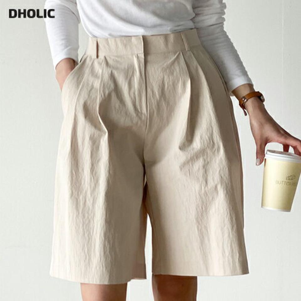 ツータックハーフパンツ・t00482 レディース 【pt】 韓国ファッション ボトムス パンツ ハーフパンツ 肘丈 ハイウエスト ツータック ワイド ストレート コットン混 ナイロン混 無地 シンプル デイリー ベーシック 春 夏 カジュアル