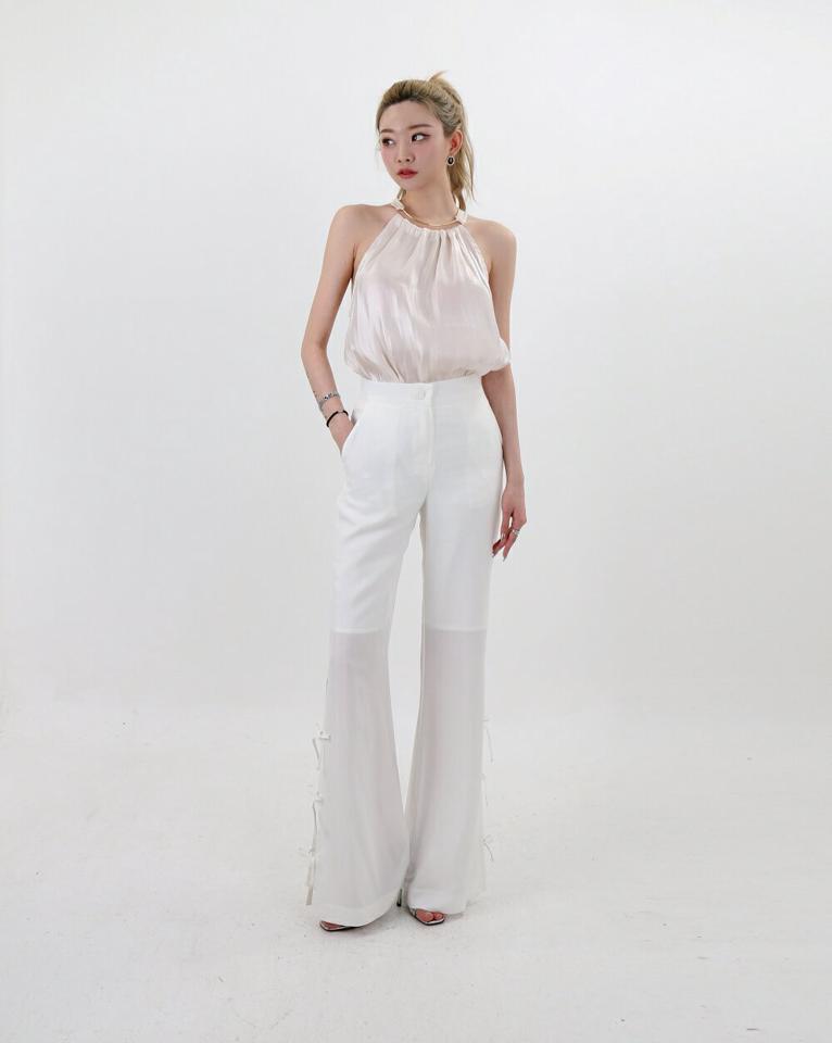 リネン混スリットリボンフレアスラックス・p004178 レディース 【pt】パンツ ロング丈 単色 無地 シンプル ベーシック リネン スリット フレア リボン りぼん 春 夏 秋 きれいめ かわいい 可愛い 大人 韓国ファッション MKT