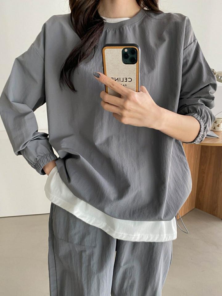 【マラソン特価】ナイロンドロストプルオーバー&ジョガーパンツSET・p004091 レディース 【pt】セットアップ セット setup トップス プルオーバー 長袖 単色 無地 シンプル ベーシック ナイロン ドロスト パンツ ロング丈 秋 冬 ストリート 韓国ファッション MKT セール