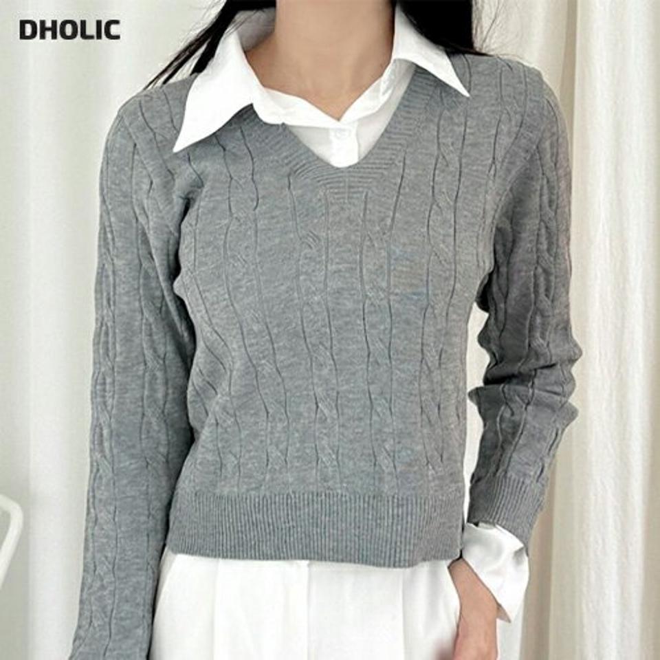 シャツレイヤード風ケーブルニット・p004065 レディース 【tops】トップス ニット シャツ レイヤード風 ドッキング 柄 模様 配色 ベーシック ケーブル Vネック 秋 冬 大人 シック 端正 韓国ファッション MKT