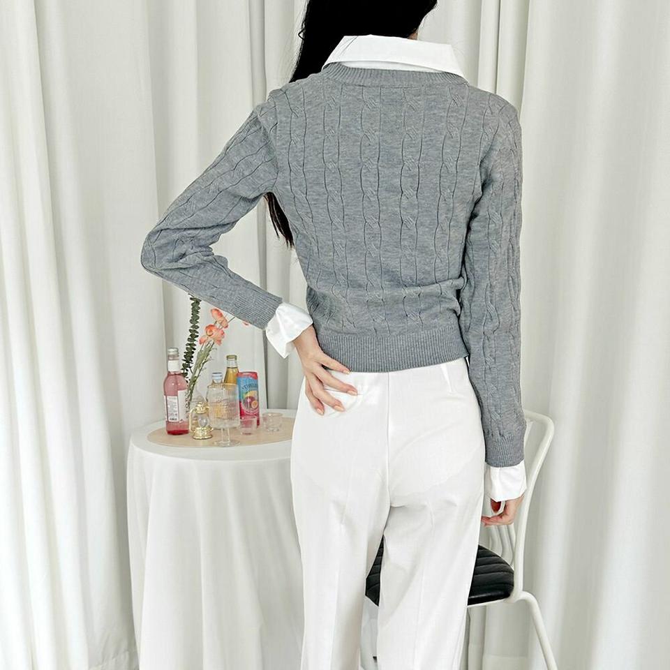 シャツレイヤード風ケーブルニット・p004065 レディース 【tops】トップス ニット シャツ レイヤード風 ドッキング 柄 模様 配色 ベーシック ケーブル Vネック 秋 冬 大人 シック 端正 韓国ファッション MKT